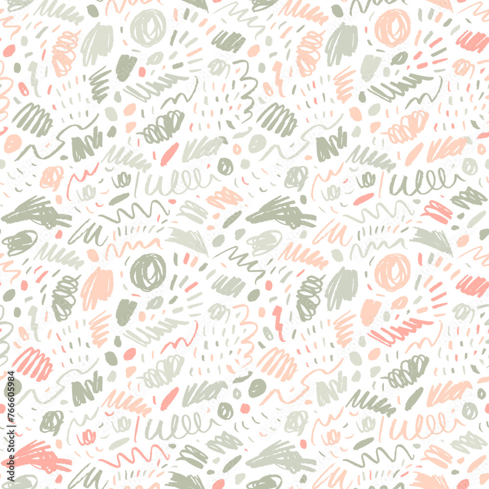 Seamless pattern with childish pastel colored scribbles and doodle lines, rough dots.