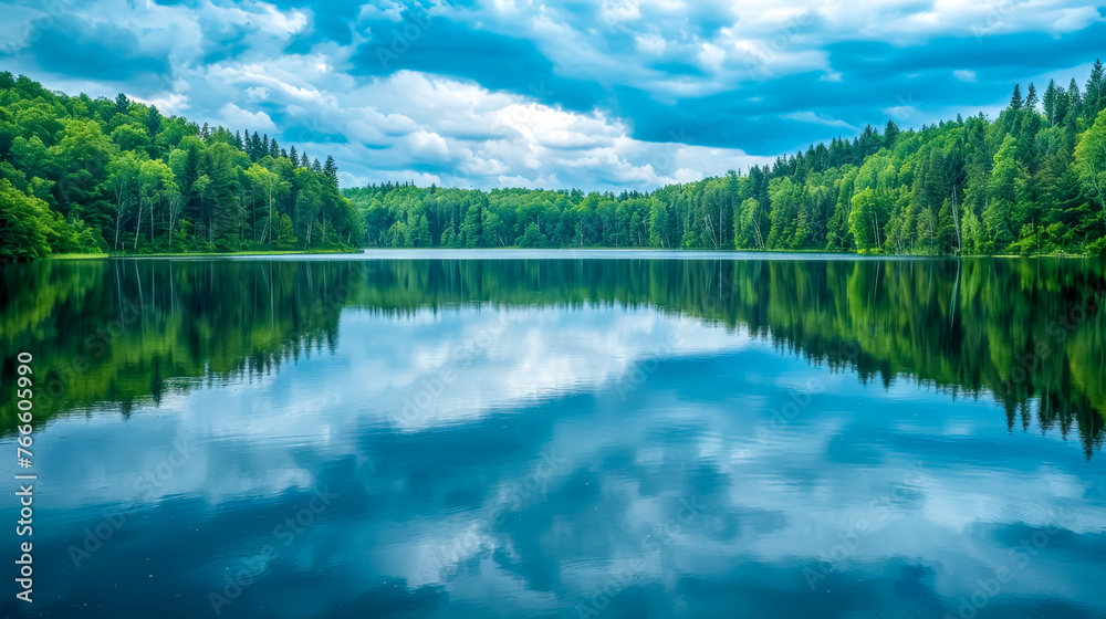 Tranquil lake surrounded by forest under cloudy sky