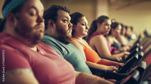 An overweight group of people all on treadmills at the gym looking unhappy
