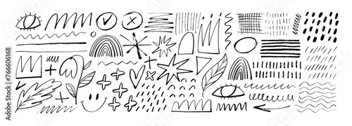 Charcoal pencil scribble vector set, crayon doodles. Childish drawing, scribble and freehand shapes.