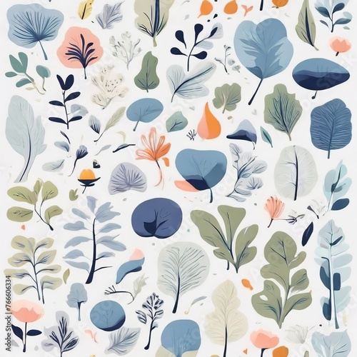 A collection of seamless pattern, colorful abstract plants and flowers. Hand drawn Collection of leaves and flowers. A close up of a pattern of flowers and leaves.
