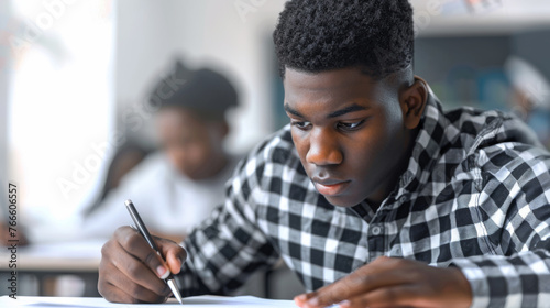 A young male student with glasses engrossed in writing during a classroom exam.