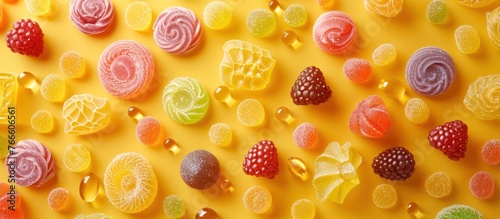 A vibrant yellow wall covered with an assortment of colorful candies in various shapes and sizes. photo