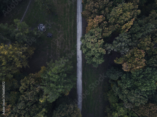 Dark forest with a road photographed from a drone.  © ReneGabrielli