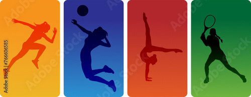 set of sports silhouettes, people and physical education. Shapes on a gradient background. Vector illustration