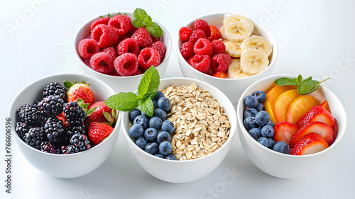 Bowls of oatmeal with berries and fruits on white background