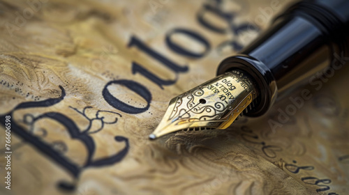 An ornate fountain pen rests on patterned paper with intricate calligraphy.