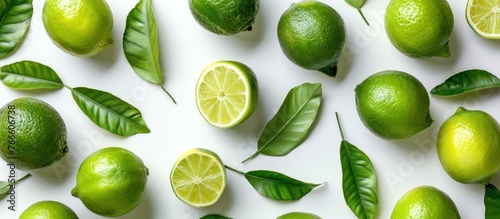 A group of vibrant green limes surrounded by lime leaves on a clean white surface. photo