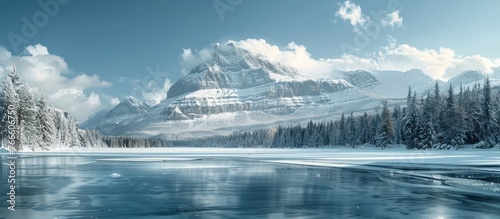 A frozen lake sits amidst towering snow-covered mountains. The ice glistens under the wintry sun, creating a breathtaking winter scene.