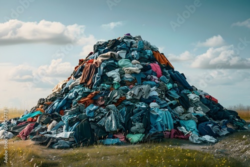 Pile of clothes in landfill symbolizing fast fashion waste unsustainable practices and need for ecofriendly alternatives. Concept Fast Fashion, Clothing Waste, Sustainability photo