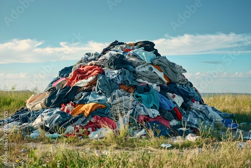 The Impact of Fast Fashion Waste: A Pile of Discarded Clothes in a Landfill. Concept Fast Fashion, Waste Management, Environmental Impact, Textile Recycling, Sustainable Fashion