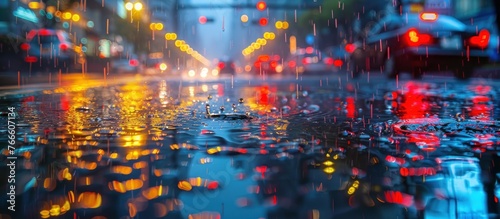 An urban city street filled with traffic under a heavy rain shower  creating glistening wet roads and bustling activity.