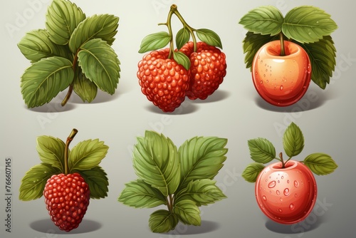 Assortment of vibrant fruit and leaf web icons for fresh and natural design elements