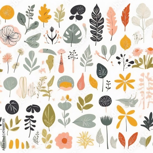 A collection of seamless pattern, colorful abstract plants and flowers. Hand drawn Collection of leaves and flowers. A close up of a pattern of flowers and leaves.
