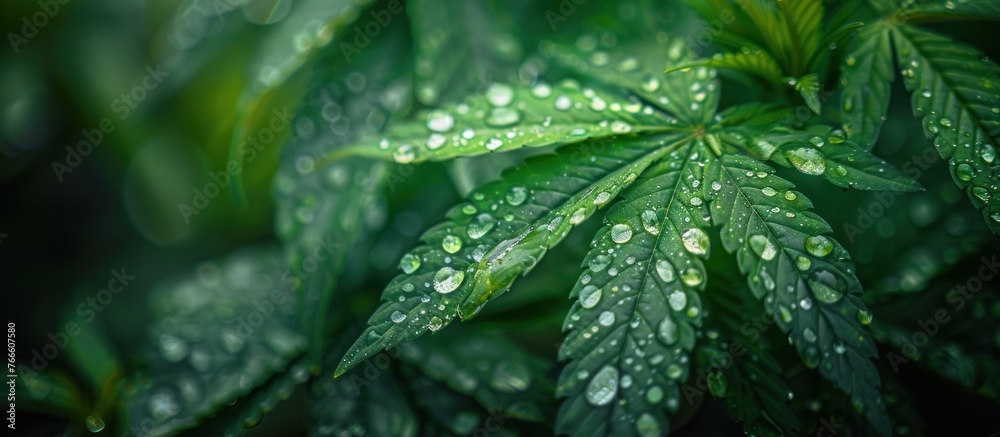 Close up view of a vibrant cannabis leaf covered in water droplets, reflecting light in a garden setting.