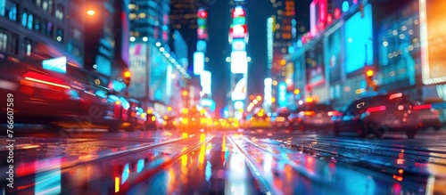 A city street is filled with cars and buses, illuminated by bright street lights, creating a bustling scene of traffic and movement at night. photo