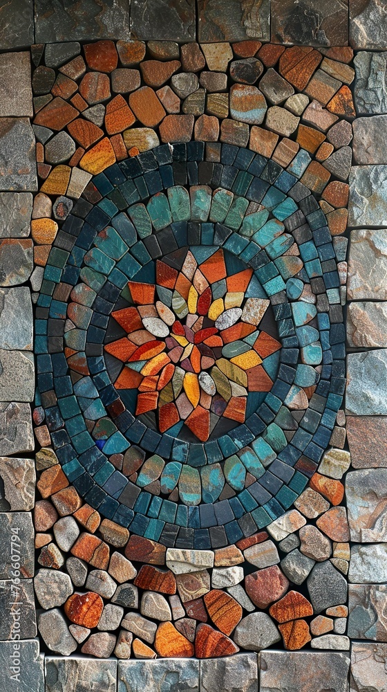 A stone wall displays an intricate mandala pattern hand-painted in artistic detail. Stone wall in vibrant colors in a unique work of art.