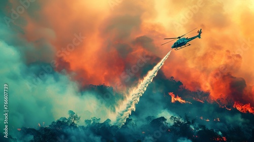 A helicopter dropping water over a wildfire