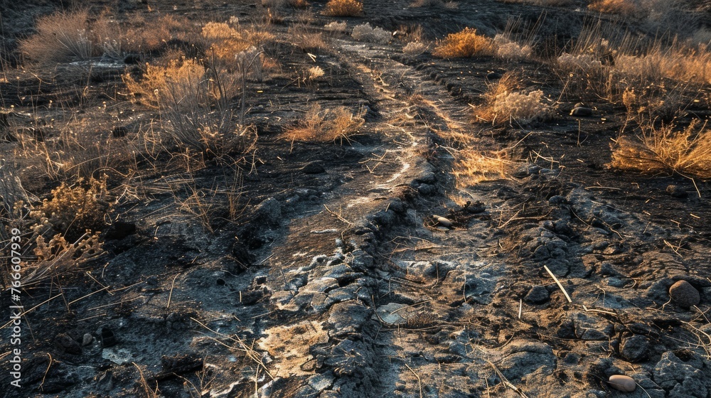A scorched earth path showing the aftermath of a firebreak A scorched earth path showing the aftermath of a firebreak