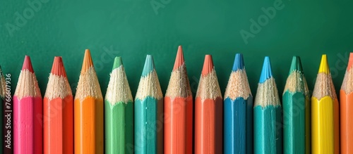 Row of vibrant assorted colored pencils neatly lined up against a green wall.