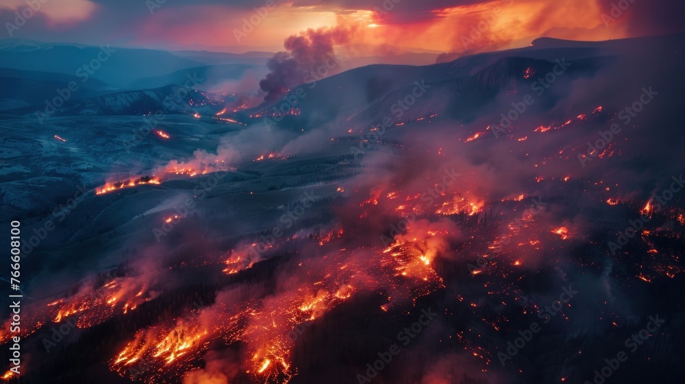 Aerial view of a wildfire spreading through a mountainous region --ar 16:9 Job ID: 72661bf0-9fa7-459a-8239-12c2c4755d5f