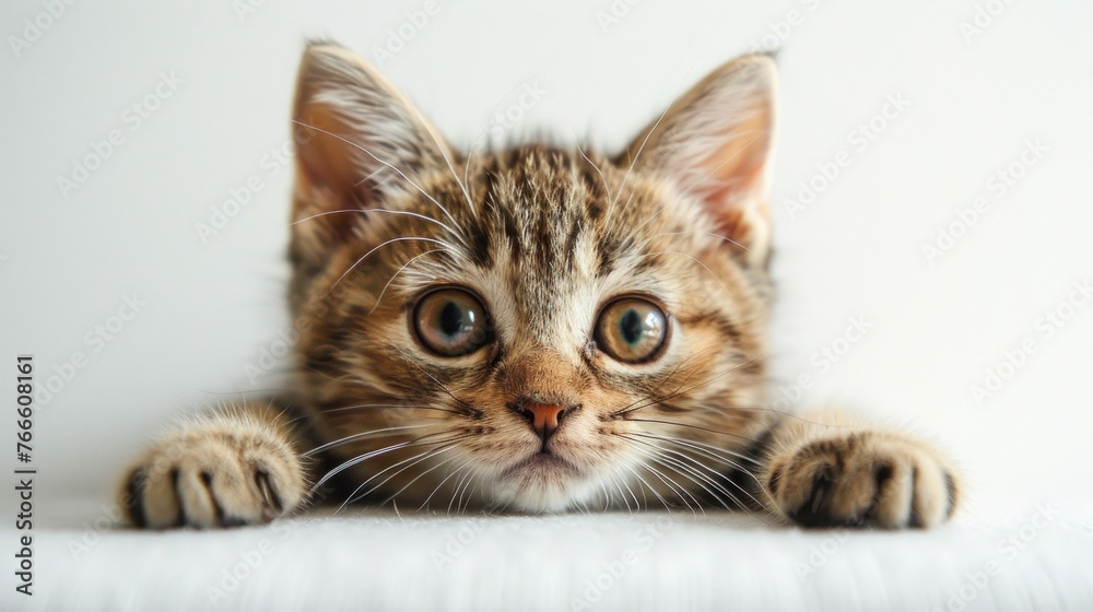 A small kitten with a funny expression lying down on top of a bed in a room with a white background.