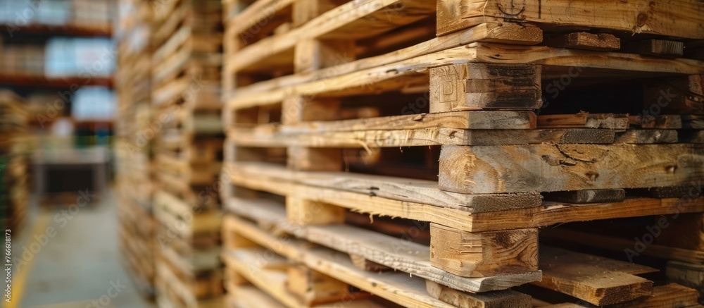 A stack of wooden pallets stored in a warehouse, ready for shipping and transportation. A stack of wooden pallets stored in a warehouse, ready for shipping and transportation.