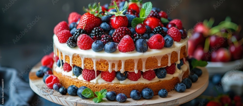 A homemade cake topped with a variety of fresh berries, including raspberries and blueberries, creating a vibrant and appetizing display.