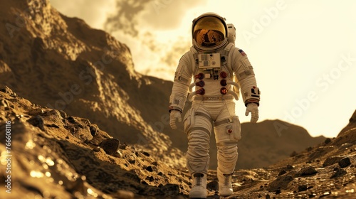 Illustration panoramic an astronaut walking on mars planet. AI generated image