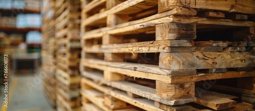 A stack of wooden pallets stored in a warehouse, ready for shipping and transportation.