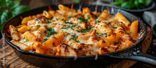 A skillet filled with delicious homemade pasta and gooey melted cheese, creating a mouthwatering dish. photo