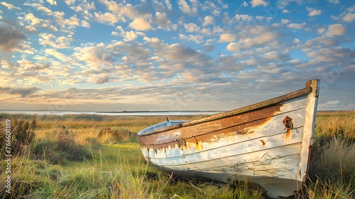 Morning light on an aging boat in Norfolk England s Thornham harbor With copyspace for text 