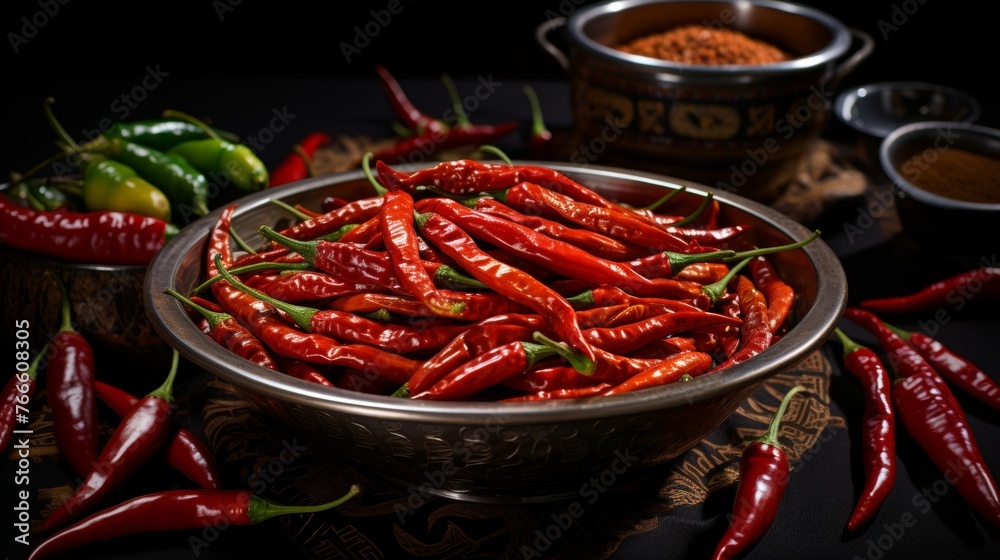 Dried red peppers, red chilli peppers in the bowl on the black background. Dried red peppers, red chilli peppers in the bowl on the black background.
