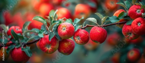 A cluster of ripe red apples hanging from a tree, ready for picking. The apples stand out against the green leaves in a bountiful harvest scene.