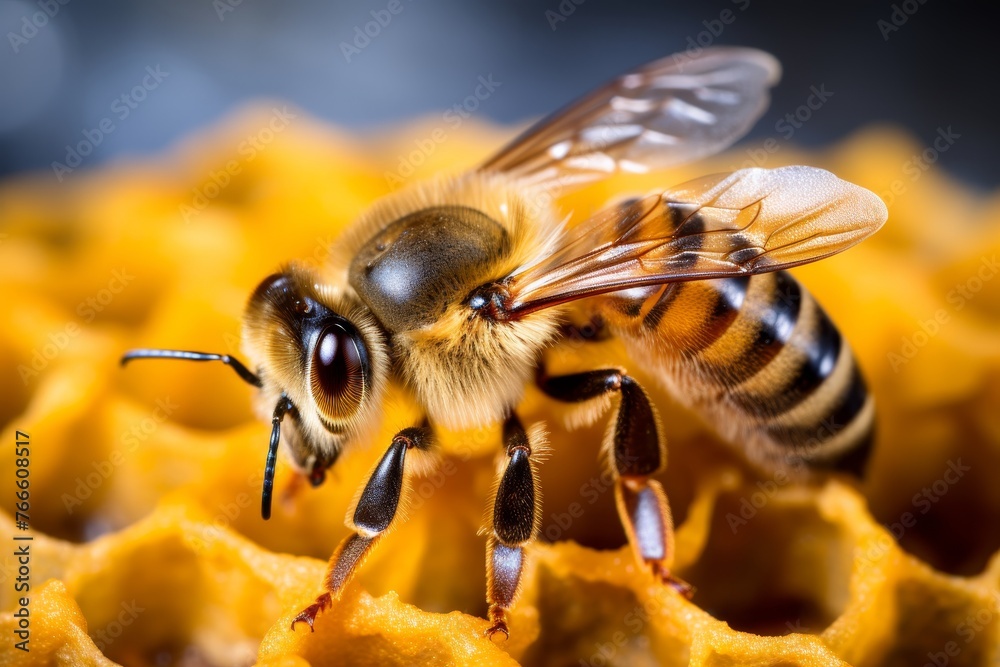 A queen bee works with wax in the honey comb making organic honey. - obrazy, fototapety, plakaty 