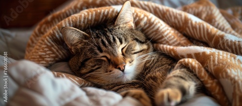 A cat peacefully napping on a warm blanket spread atop a comfortable bed.