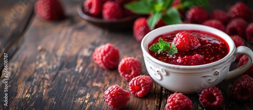 A bowl filled with vibrant raspberry sauce surrounded by plump, fresh raspberries on a table.