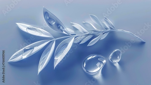 Leaf and Water Droplets on Blue Surface