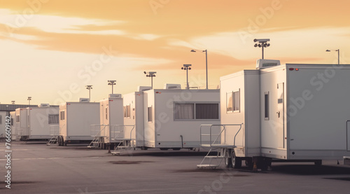 A row of white trailers sit in a parking lot © Jenuarylist