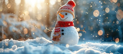 A snowman wearing a red hat and scarf stands proudly in the snow, embodying the winter season.