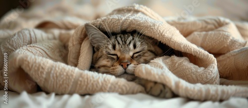 A cat peacefully napping while laying down under a warm blanket on a bed.