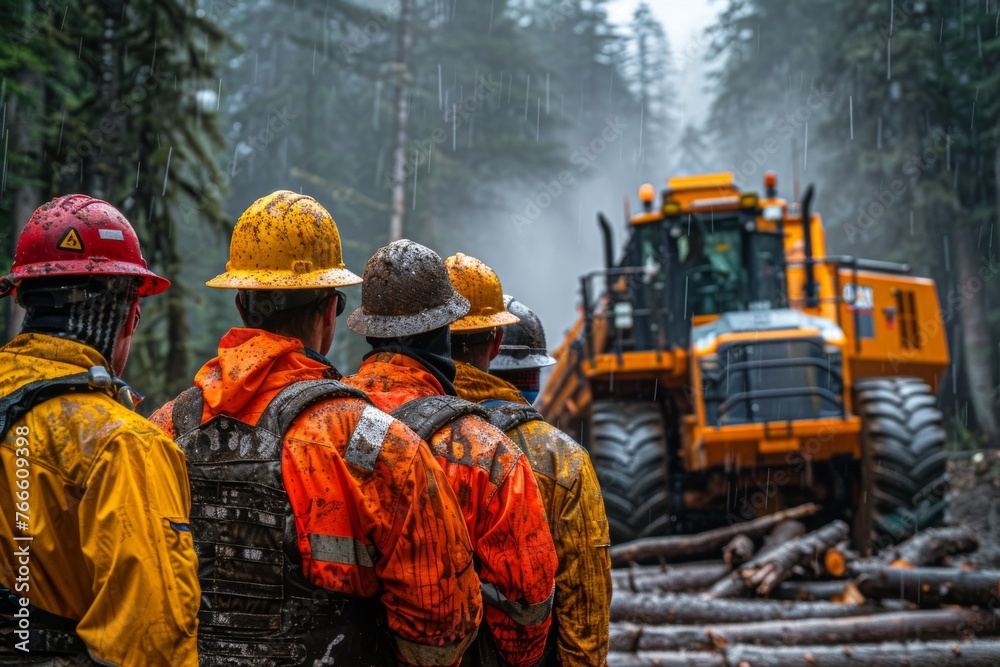 Team of loggers in rain gear observing logging site with heavy machinery Team of loggers in rain gear observing logging site with heavy machinery