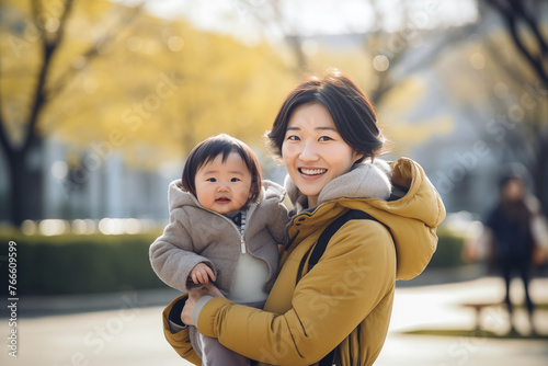 Middle aged Chinese woman at outdoors with newborn baby