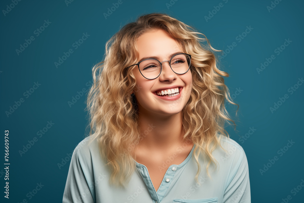 Fototapeta premium Young pretty blonde girl over isolated colorful background with glasses