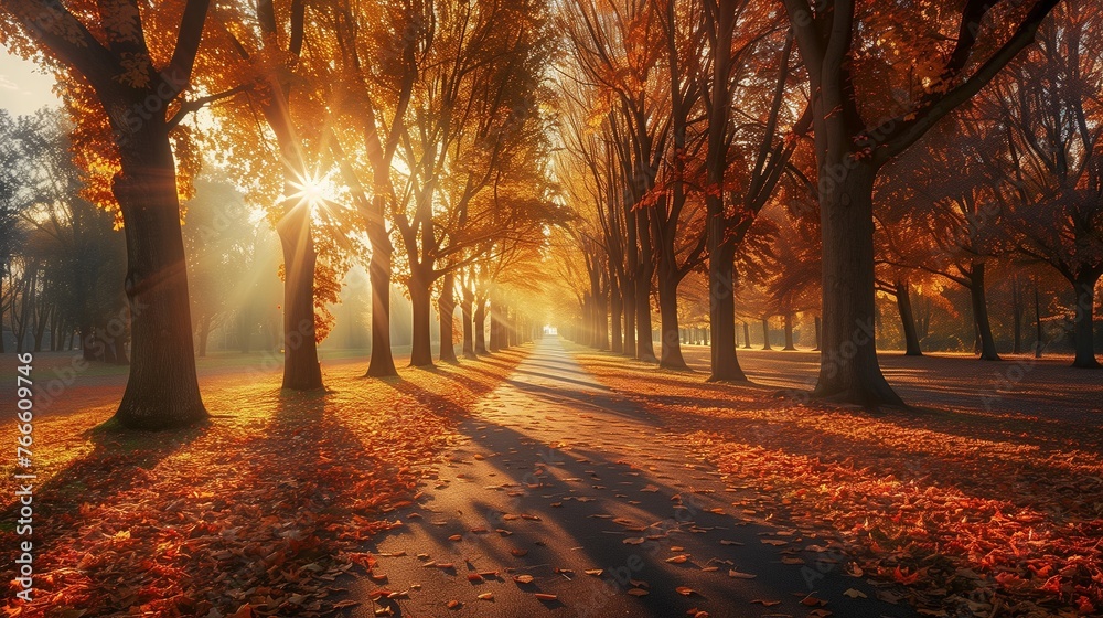 Golden Hour in Autumn Park: An exquisite representation of autumn, featuring a path lined with trees ablaze with autumn colors.