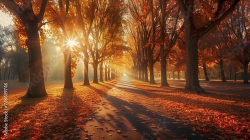 Golden Hour in Autumn Park  An exquisite representation of autumn  featuring a path lined with trees ablaze with autumn colors.