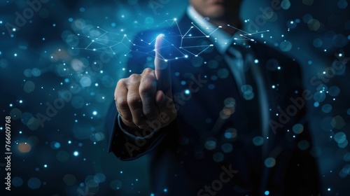 A Businessman hand pressing a spot in the air with digital graphic technology. AI generated image