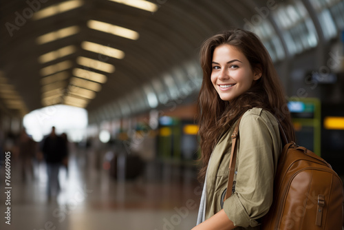 Young pretty brunette girl at indoors holding a suitcase