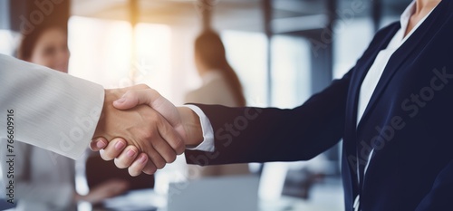 Close up businesswoman shaking hands with businessman at office Successful business people agreement concept Generative AI