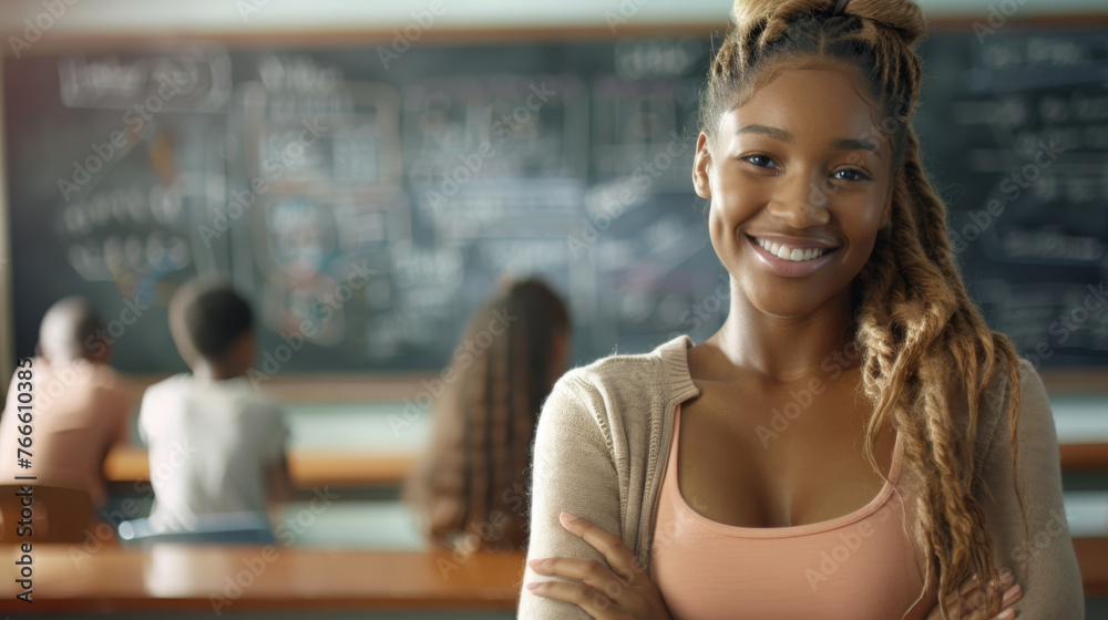 A smiling woman stands cross-armed in a classroom with students and a blackboard in the background. A smiling woman stands cross-armed in a classroom with students and a blackboard in the background.